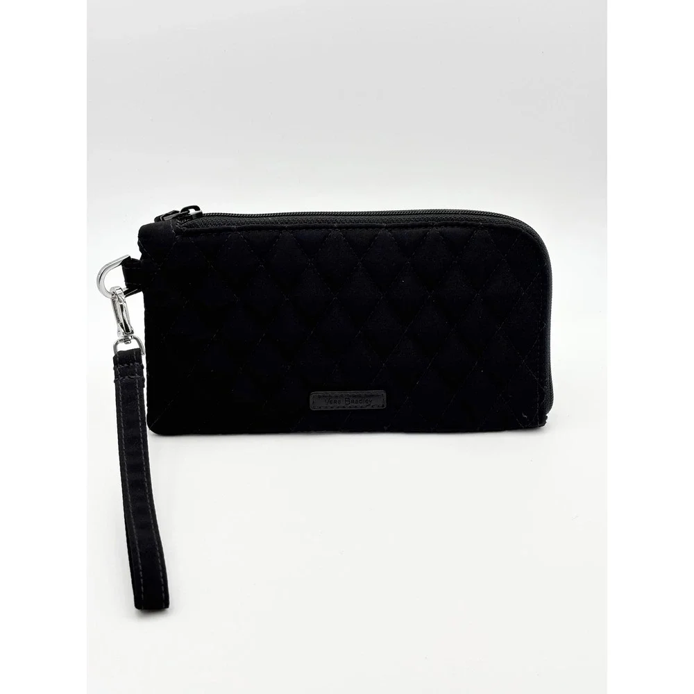 Vera Bradley Black Quilted Cotton Wristlet‎ Wallet Rose Floral Lining ID Window
